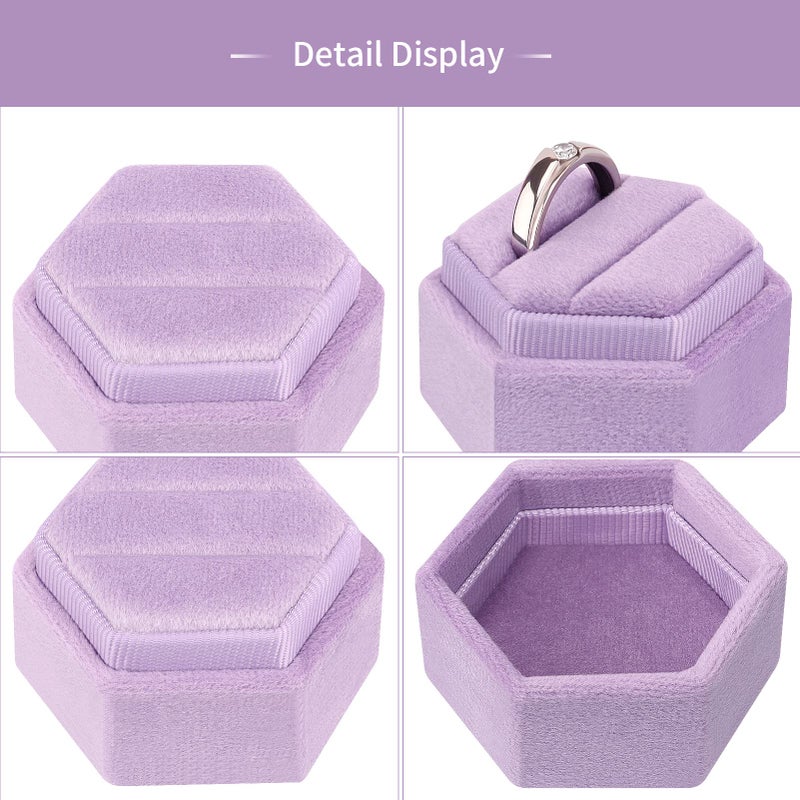 DesignSter Hexagon Velvet Ring Bearer Box - Premium Gorgeous Vintage Double Ring Display Holder with Detachable Lid for Proposal, Engagement, Wedding, Ceremony (Lilac) - Image 3